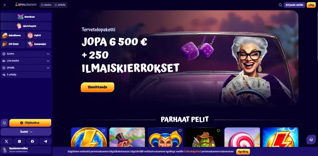 La homepage del casinò SpinGranny con il pacchetto di benvenuto e i giochi in evidenza